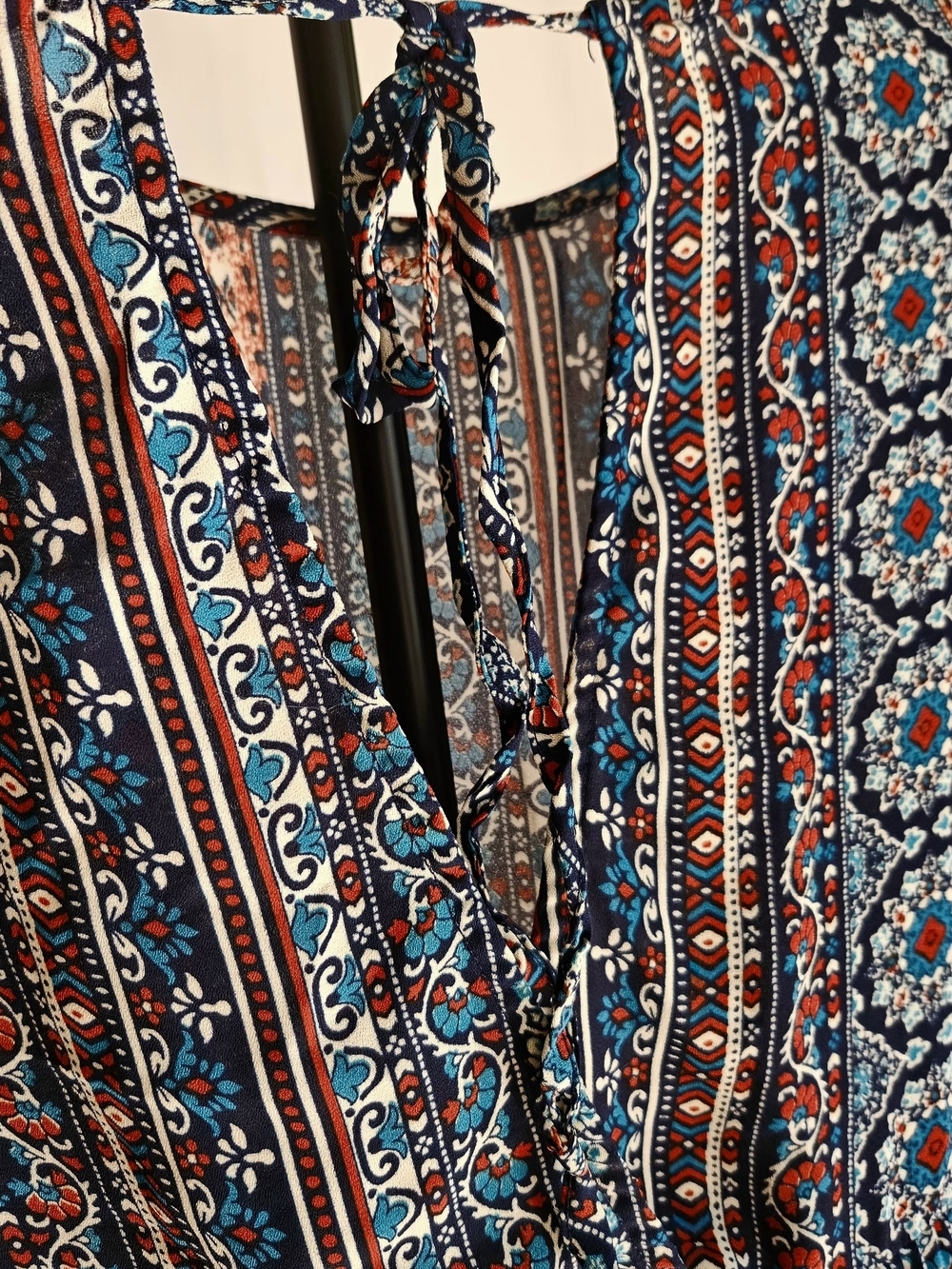 ​Cielo Boho Geometric Pattern Babydoll Blouse Size S Long Bell Sleeve Keyhole - Picture 2 of 12